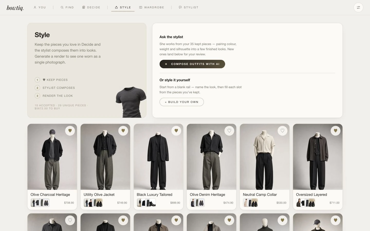 Bowtiq’s desktop homepage, with outfit composition controls and a gallery of styled looks.