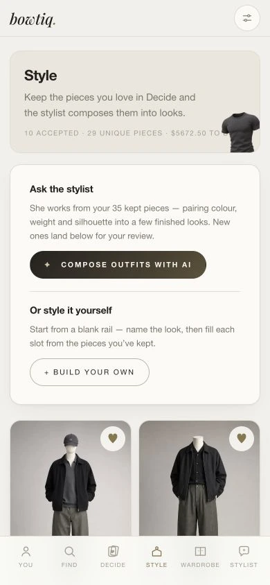 Bowtiq’s mobile Style screen with AI outfit composition and saved looks.