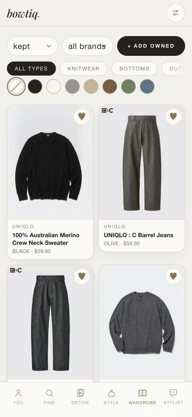 Bowtiq’s mobile wardrobe, with type and colour filters above a grid of saved clothing.