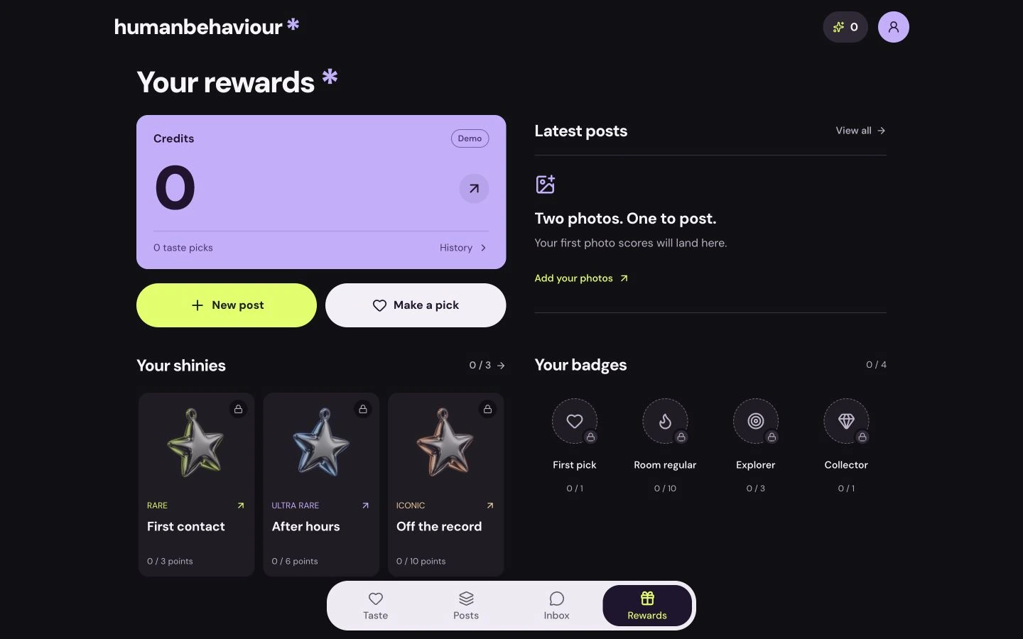 humanbehaviour’s desktop homepage, showing rewards, credits and collectible stars.