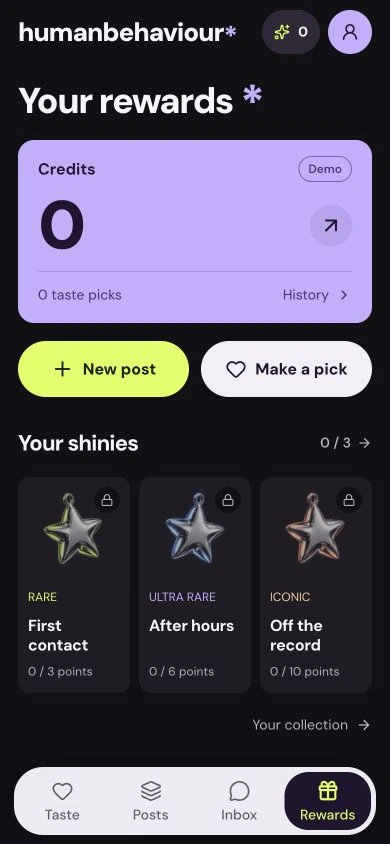 humanbehaviour’s mobile rewards overview with credits and collectible progress.