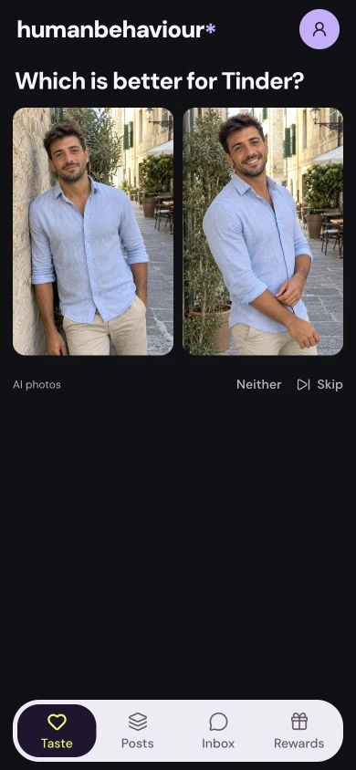 humanbehaviour’s mobile Taste screen, with two photos to compare.