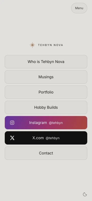 The tehbyn.com mobile homepage, with links to the profile, musings, portfolio and hobby builds.