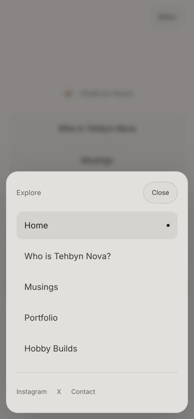 The tehbyn.com mobile navigation sheet with the current page highlighted.