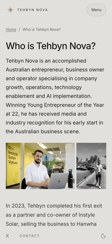 The tehbyn.com mobile profile, with the opening biography and photo gallery.