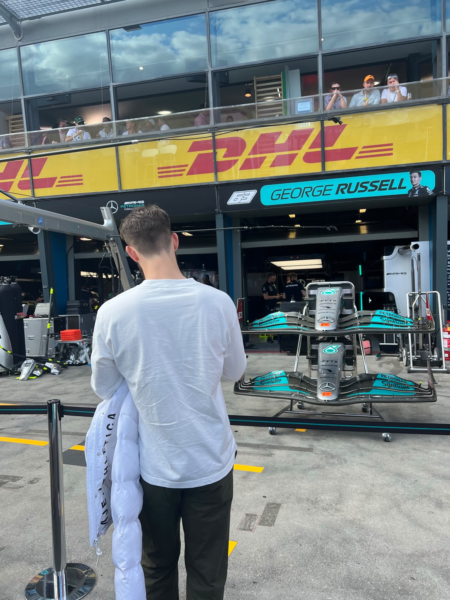 Outside a Mercedes Formula One garage, viewed from behind